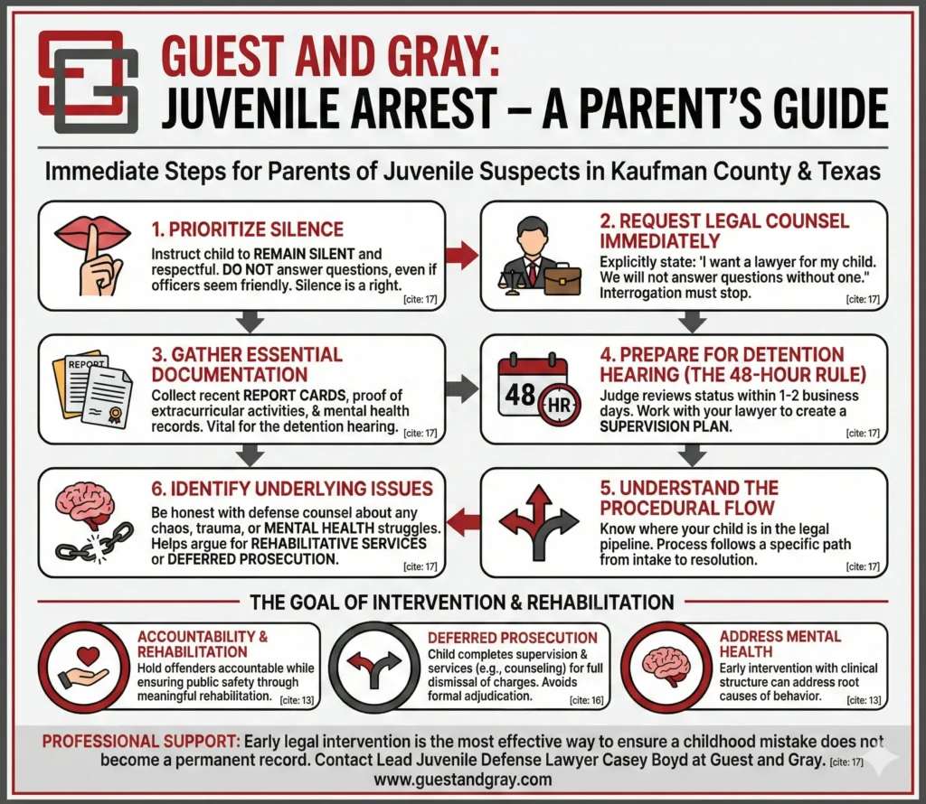 Informational infographic detailing steps and goals for parents of juvenile suspects in Kaufman County, Texas.