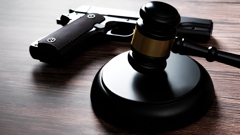 Gun and judge's gavel on the table
