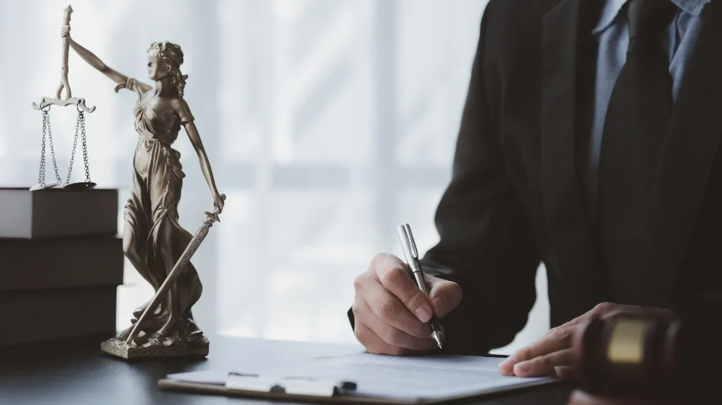 A person in a suit writing on a document at a desk with a Lady Justice statue and law books.