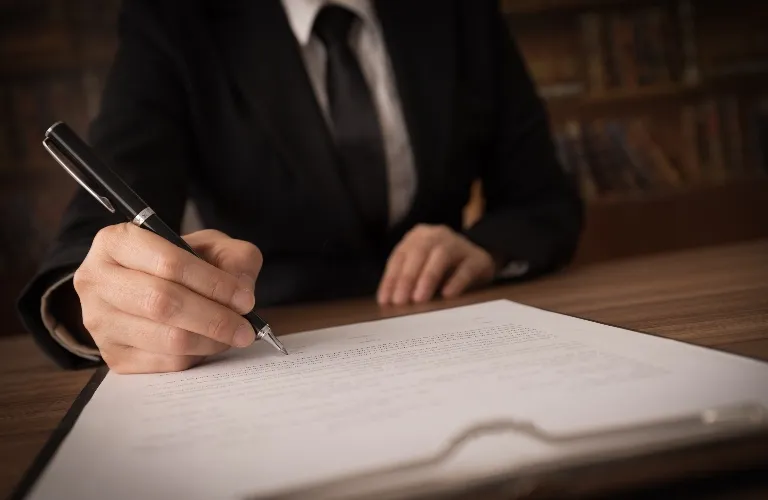 Professional in black suit signing a document with a black pen on wooden desk.