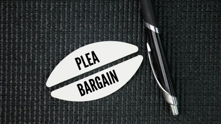 Black pen and white paper cutout with text "PLEA BARGAIN" on dark textured surface.