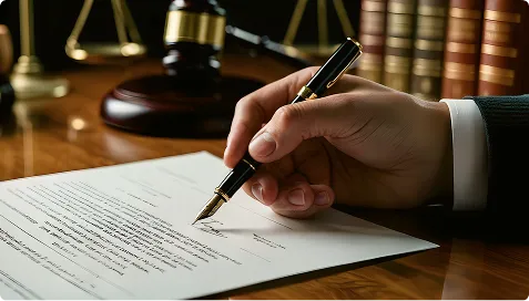 Hand holding a pen poised to sign a legal document, with gavel and law books in background.