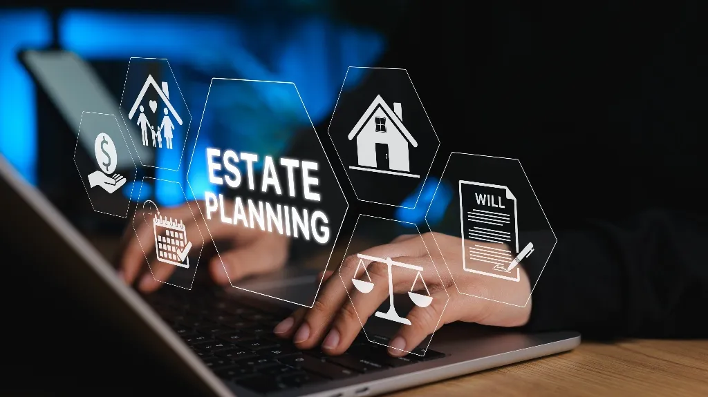 Hands typing on a laptop keyboard with floating estate planning icons and text.