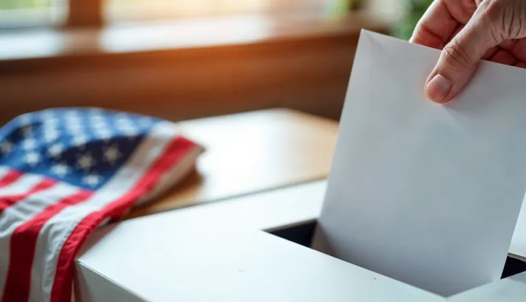 Hand placing a white envelope into a ballot box with an American flag nearby.