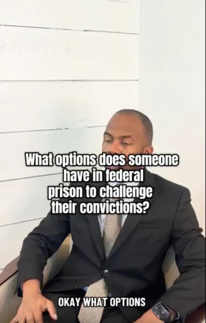 Man in a dark suit sitting in a chair with text about federal prison conviction challenges.