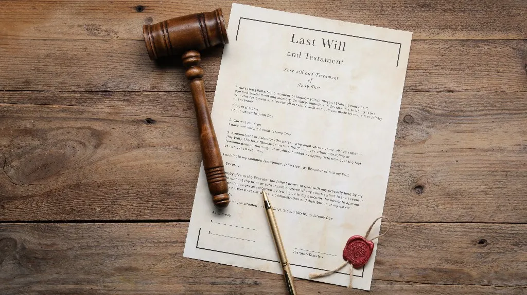 Wooden gavel, pen, and sealed last will and testament document on rustic wooden table.