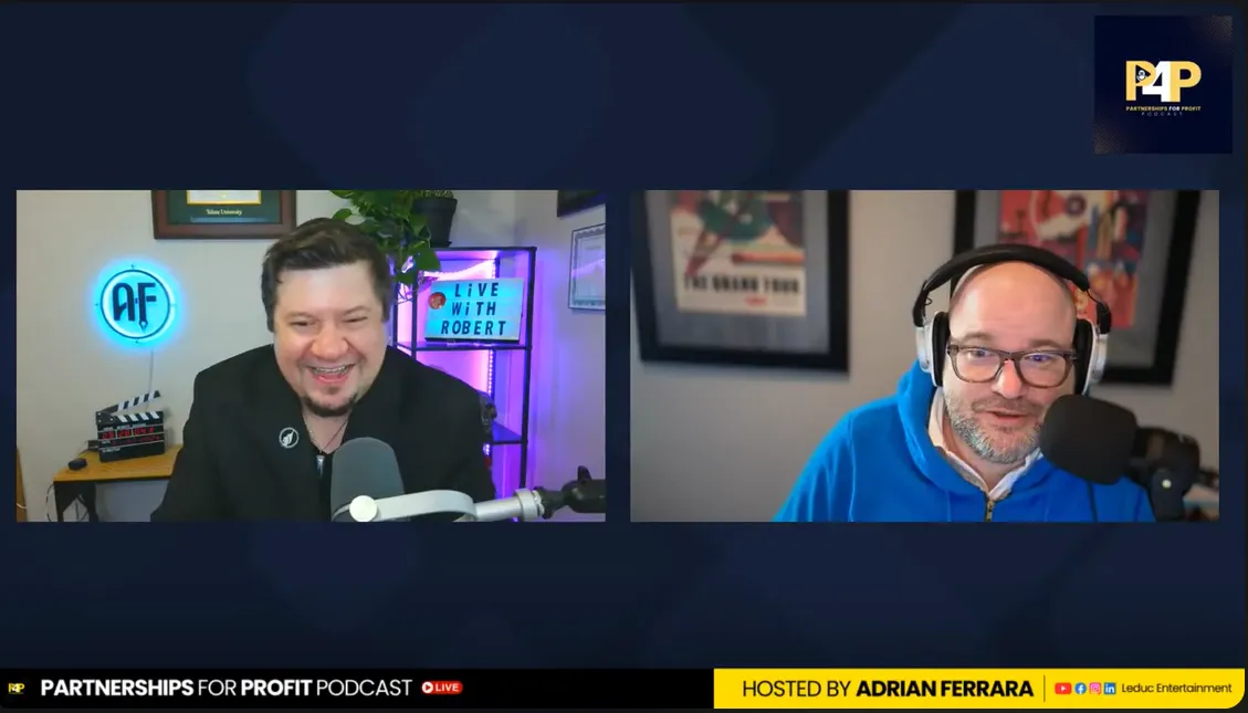Two men engaged in a virtual podcast discussion, with microphones and headphones, and visible text "Live with Robert.