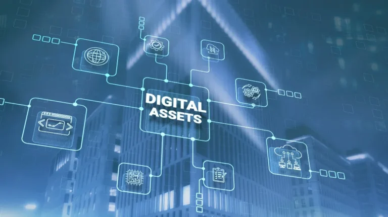 Futuristic digital interface with "Digital Assets" text and technology icons over cityscape.