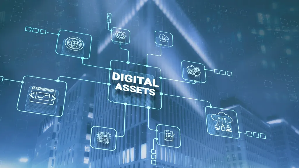 Futuristic digital interface with "Digital Assets" text and technology icons over cityscape.