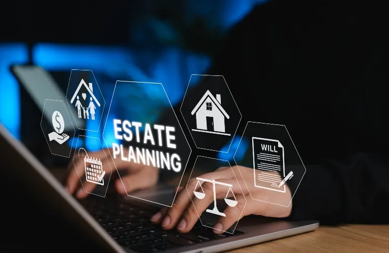 Person typing on laptop with digital icons related to estate planning, including house, will, scales, and family.