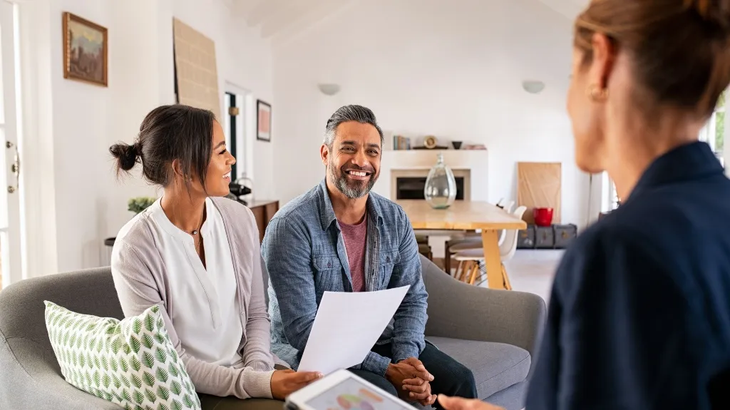Couple seated on gray couch smiling during consultation with a professional in a bright living room.