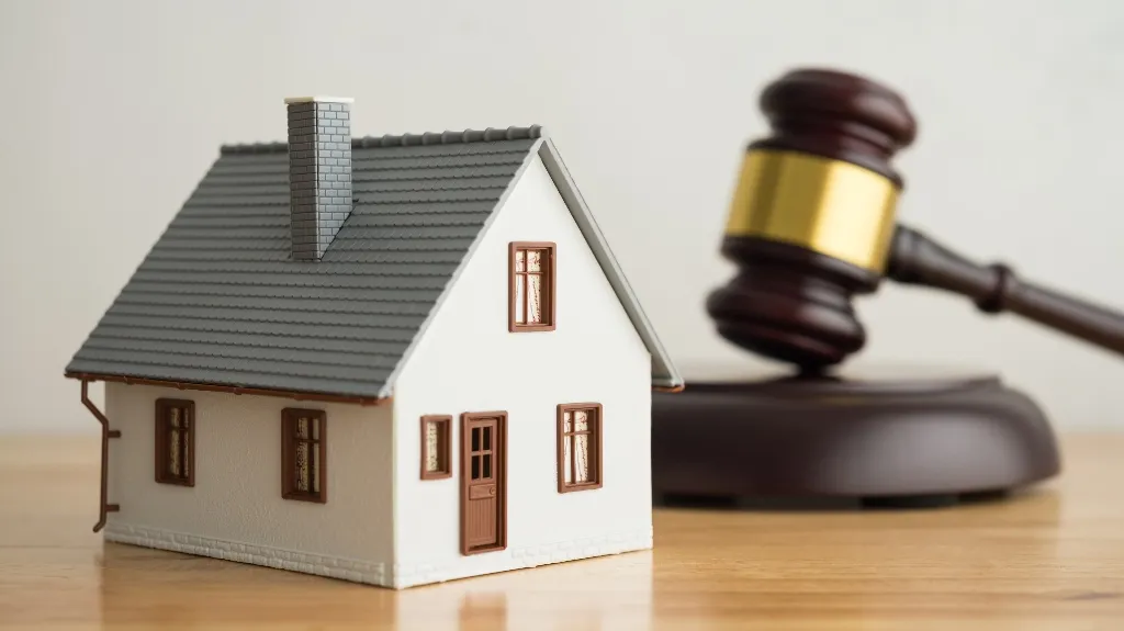 Model house with gray roof and brown windows beside a wooden judge's gavel on a table.